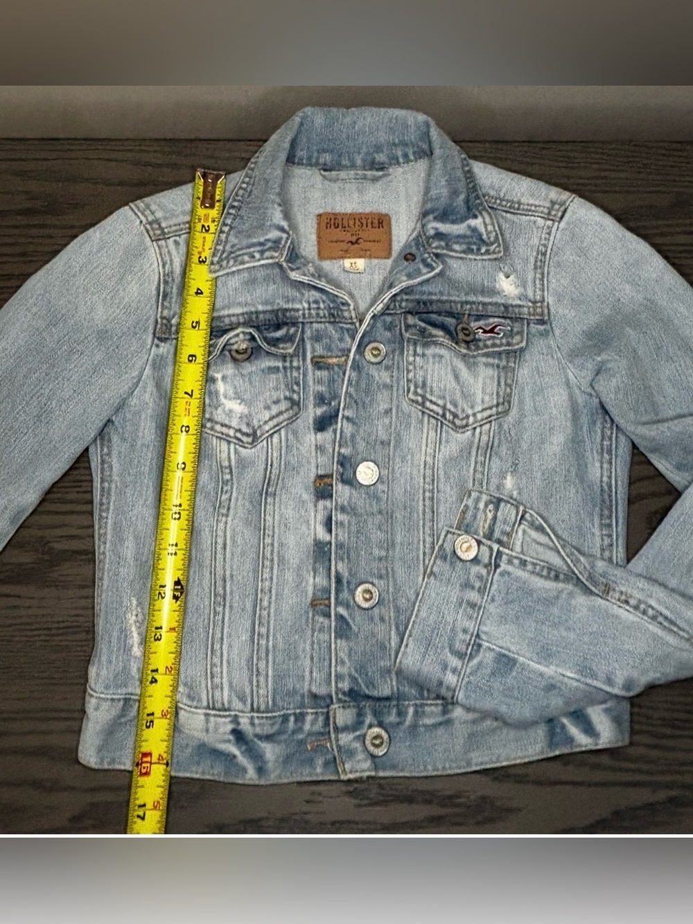 Hollister XS Cropped Distressed Denim Jacket Light Wash Y2K 100% Cotton - Picture 6 of 8